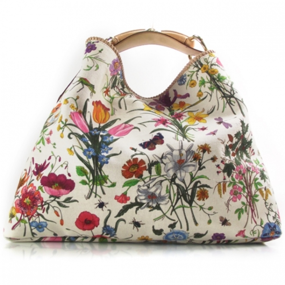 GUCCI Canvas Flora Large Horsebit Chain Hobo